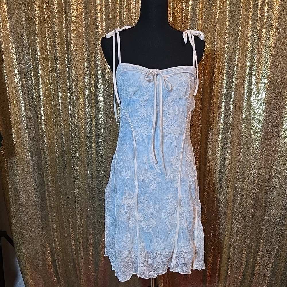 Cider Tiffany Blue With Cream Lace Overlay Dress